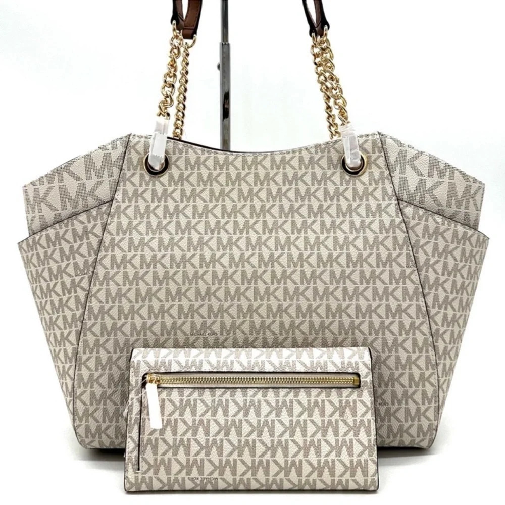 Michael Kors Large Jet Set Travel Chain Shoulder Bag & Trifold Wallet Vanilla - Picture 5 of 14